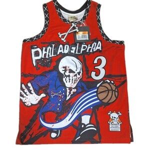 Brand X Philadelphia 3 SZ MEDIUM Basketball Jersey Skull Graphic Red Sleeveless
